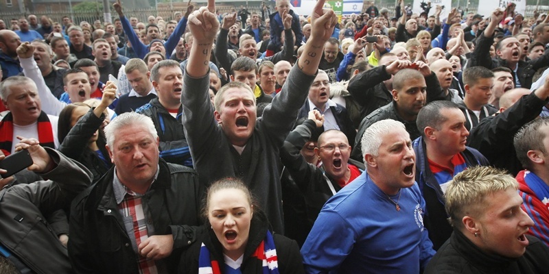 Rangers fans protest during a demonstration outside Ibrox Stadium, Glasgow.