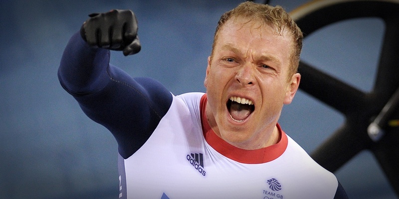 Great Britain's Sir Chris Hoy celebrates winning the Gold Medal in the Men's Keirin in the Velodrome at the Olympic Park, on the eleventh day of the London 2012 Olympics.