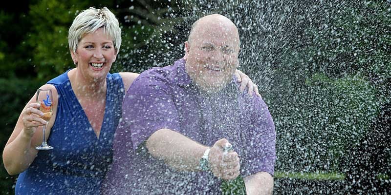 Adrian Bayford, 41, and wife Gillian, 40, from Haverhill, Suffolk, after a press conference at Down Hall Country House Hotel in Hatfield Heath, Hertfordshire, after they won £148.6 million on Friday's EuroMillions jackpot.