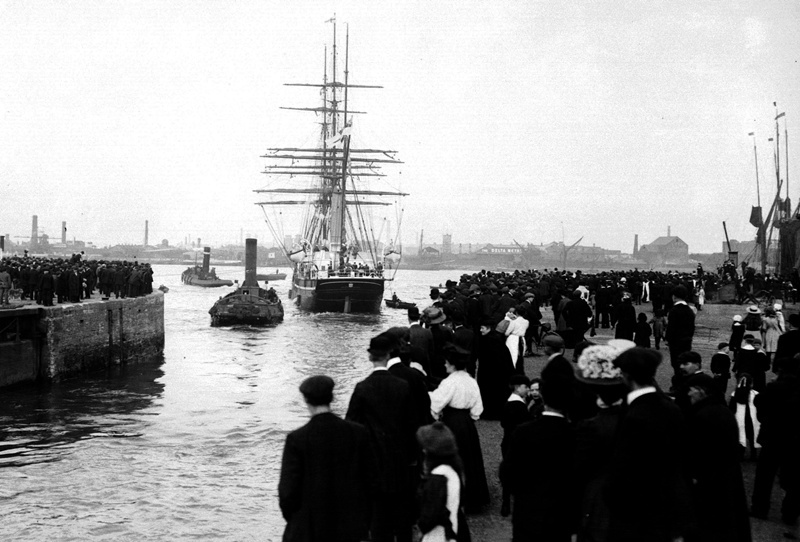 Captain Robert Falcon Scott's ship the Terra Nova leaving Cardiff docks at the start of the ill-fated British expedition to be the first to reach the South pole.