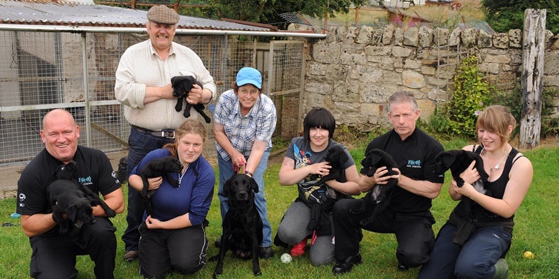 David Allan, Sarah McEwan, Sophie Doggett, John Sneddon and Rebecca Hudson
Behind are Dave and Lynda Hyslop with the dogs