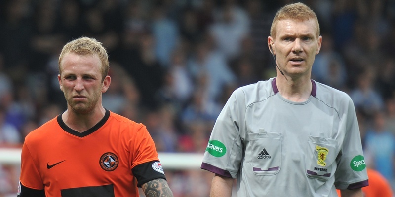 Kim Cessford - 19.08.12 - pictured at Tannadice the SPL match between Dundee United and Dundee - l to r - Johnny Russell (United) is sent off by ref Calum Murray