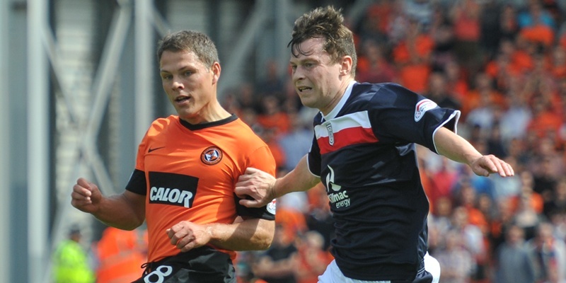 Kim Cessford - 19.08.12 - pictured at Tannadice the SPL match between Dundee United and Dundee - l to r - John Rankin (United) and Nicky Riley (Dundee)