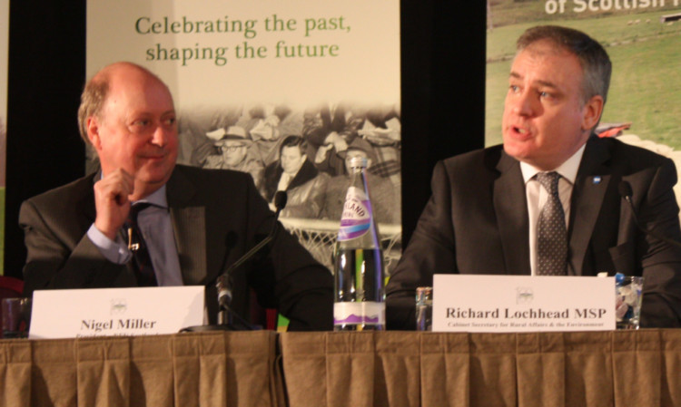 Rural Affairs Secretary Richard Lochhead, right, makes a point, with NFUS president Nigel Miller looking on.