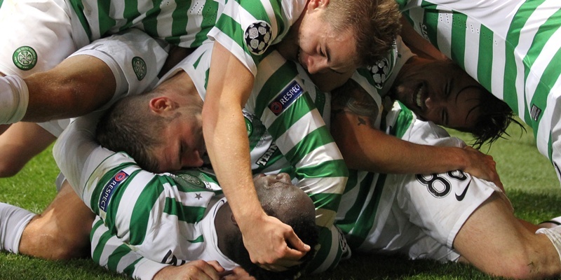 Celtic players celebrate Victor Wanyama scoring during the UEFA Champions League match at Celtic Park, Glasgow.