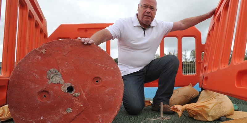 Kim Cessford - 14.09.12 - pictured is Councillor David Fairweather with one of the chess pieces which has been vandalised in the newly opened playpark at the Arbroath West Links leaving a dangerous metal spike