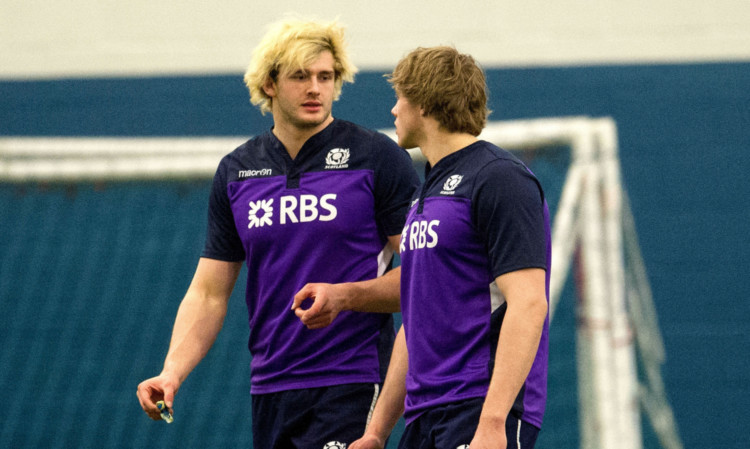 Richie Gray, left, chatting with his brother Jonny during training with the Scotland squad at Riccarton.
