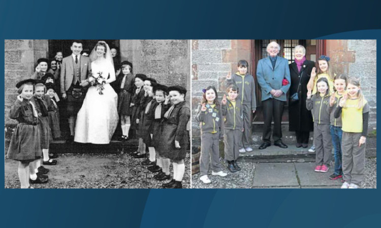 The McLauchlans on the doorstep of Almondbank Church 52 years apart.