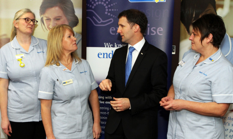 Mr Matheson meeting Marie Curie nurses Pippa McCartney, Michelle Carroll and Tracey McIntosh at the launch.