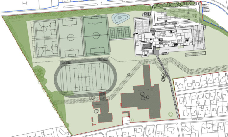 The proposed site for Forfar Community Campus, with exisiting buildings to be demolished in grey.