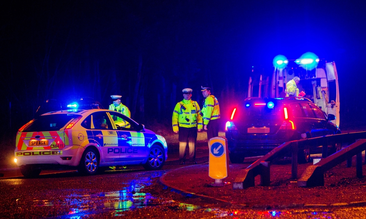 Steve MacDougall, Courier, A90 southbound at Tealing Junction, by Dundee. Accident involving a car and a pedestrian. Pictured, Police and Ambulance crews on the scene.