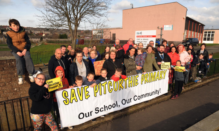 Cara Hilton MSP and councillor Brian Goodall join parents at Pitcorthie Primary School.