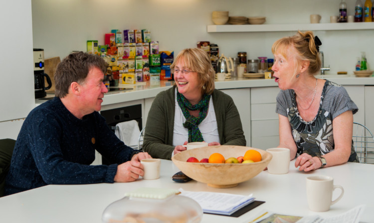 Dr Salter, centre, talks to centre visitors Alan Law from Methil and Barbara Burley from Dalgety Bay.