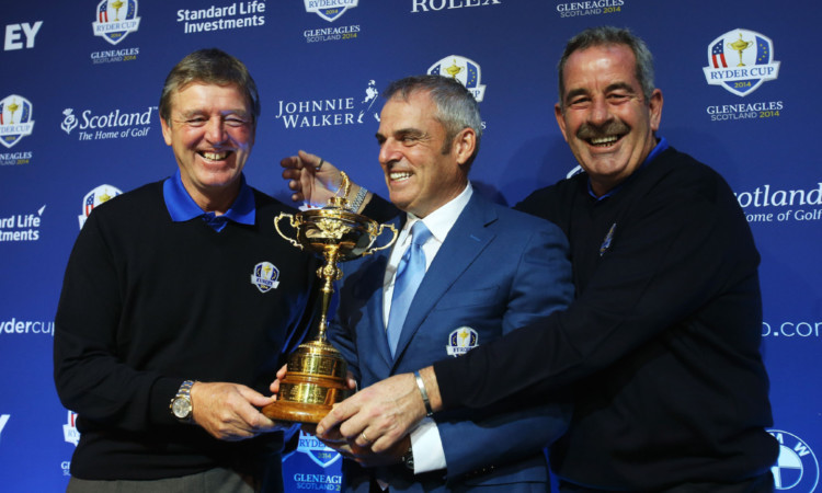 Europes Ryder Cup captain Paul McGinley, centre, with vice-captains Des Smyth, left, and Sam Torrance.