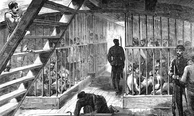 Caged prisoners below deck on a transport ship bound for Australia.