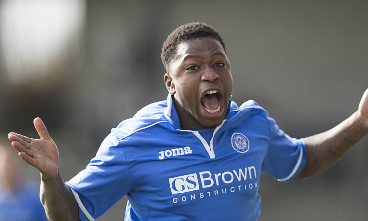 St Johnstone's Nigel Hasselbaink celebrates after scoring in the Scottish Cup Quarter Final match at Starks Park.