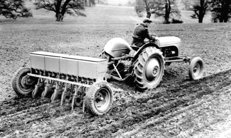 A Ferguson drill behind an early Ferguson tractor. The drills were 13-row machines and could be specified as grain only or combined models.