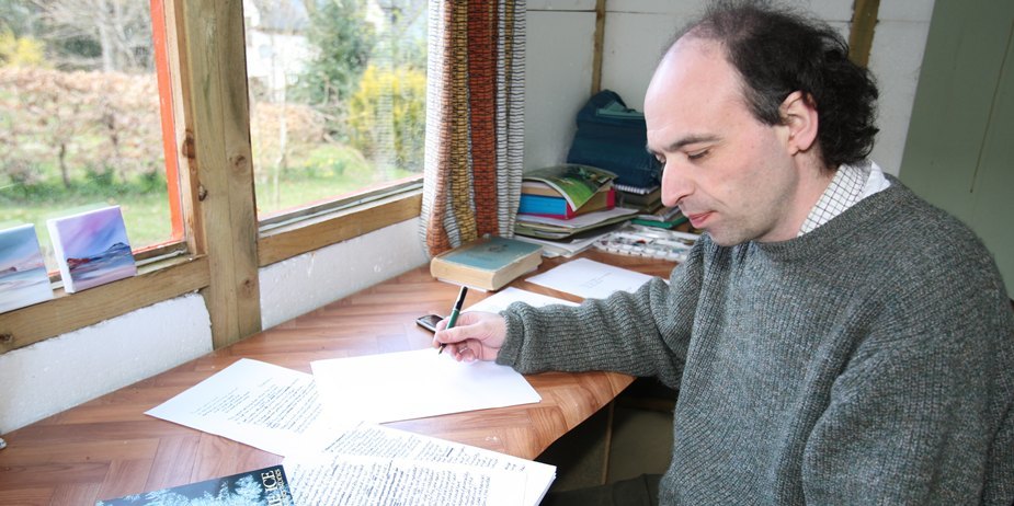 Kris Miller, Courier, 21/04/10, Features. Picture today at home of Kenneth Stevens, Aberfeldy. Pic shows writer, Kenneth at work in his cabin (garden shed) where he writes his books and short stories.