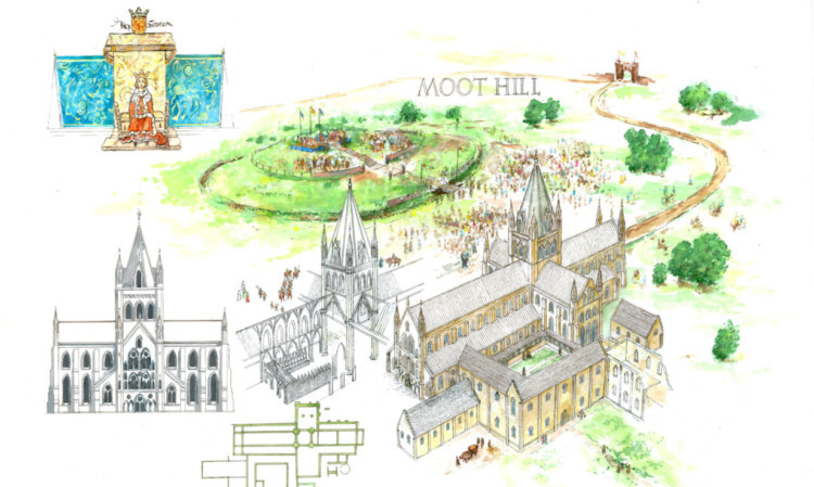 James Lindsays illustrated reconstructions of Scone Abbey and Moothill.