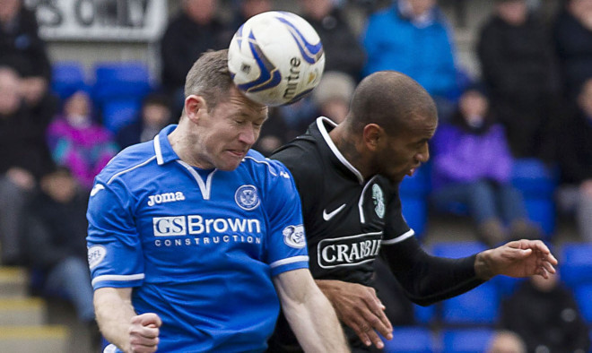 Frazer Wright, left, has the beating of Danny Haynes in Saturdays game at McDiarmid Park on Saturday.