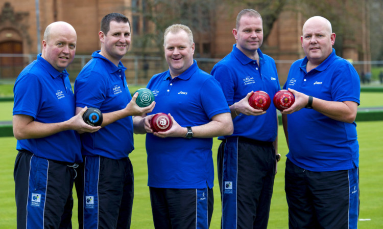 Team Scotland lawn bowlers, from left, David Peacock, Neil Speirs, Darren Burnett, Paul Foster and Alex Marshall are all in good spirits as they look ahead to the 2014 Glasgow Commonwealth Games.