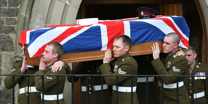 DOUGIE NICOLSON, COURIER, 22/03/11, NEWS.
DATE - Tuesday 22nd March 2011.
LOCATION - Tayport.
EVENT - Funeral of L. Cpl. Liam Tasker.
INFO - The coffin is carried out of the church at the end of the service.
STORY BY - Cupar office.