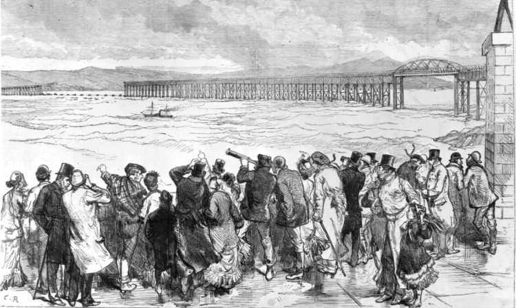 A drawing from the Illustrated London News depicting crowds viewing the Tay Bridge after the disaster.