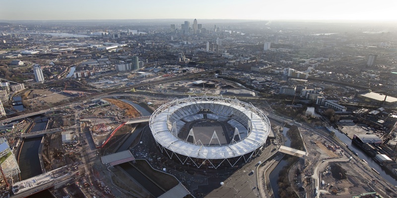 Olympic Stadium Aerial. Aerial view of the Olympic Stadium with Canary Wharf in the background. Picture taken on 08 Feb 11 by Anthony Charlton.