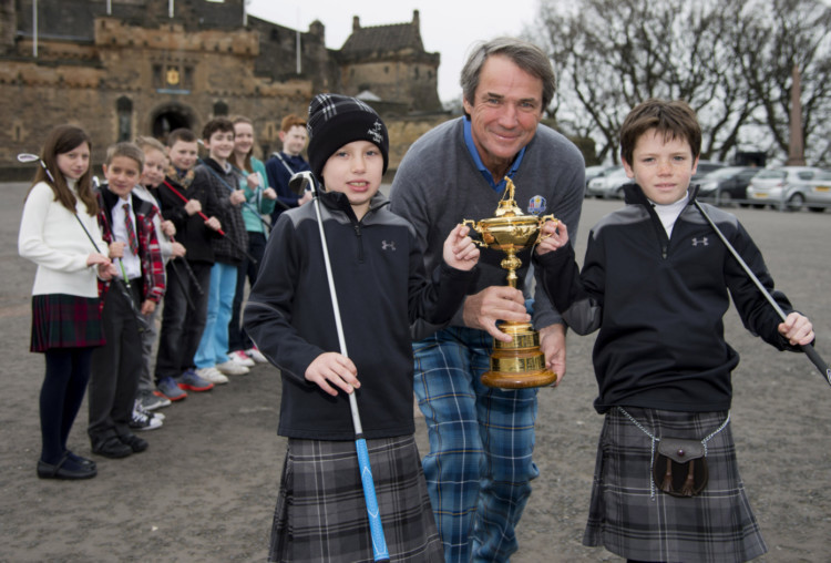 Ryder Cup ambassador Alan Hansen (centre) with Oliver Doyle and Daniel Hood (right) from Prestonfield Golf Club at the launch of Tartan Tuesday.