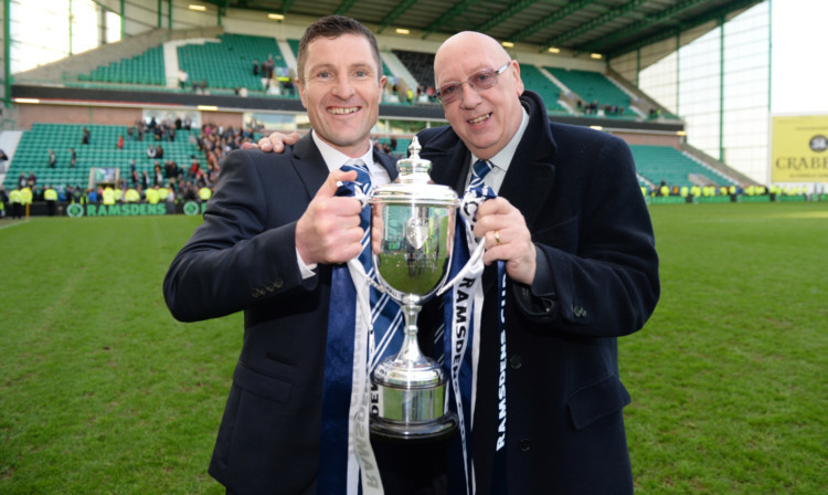 Raith Rovers manager Grant Murray celebrates with Chairman Turnbull Hutton.