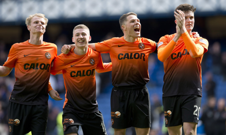 Dundee United quarter (from left) Gary Mackay-Steven, Ryan Gauld, John Rankin and John Souttar celebrate at full-time.