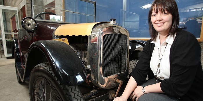 Strathmore Vintage Vehicle Club. An auction of Freddie Cunningham's collection of vehicles is going to take place next month. Pic shows Lesley Munro with an Austin Chummy which will be up for sale.