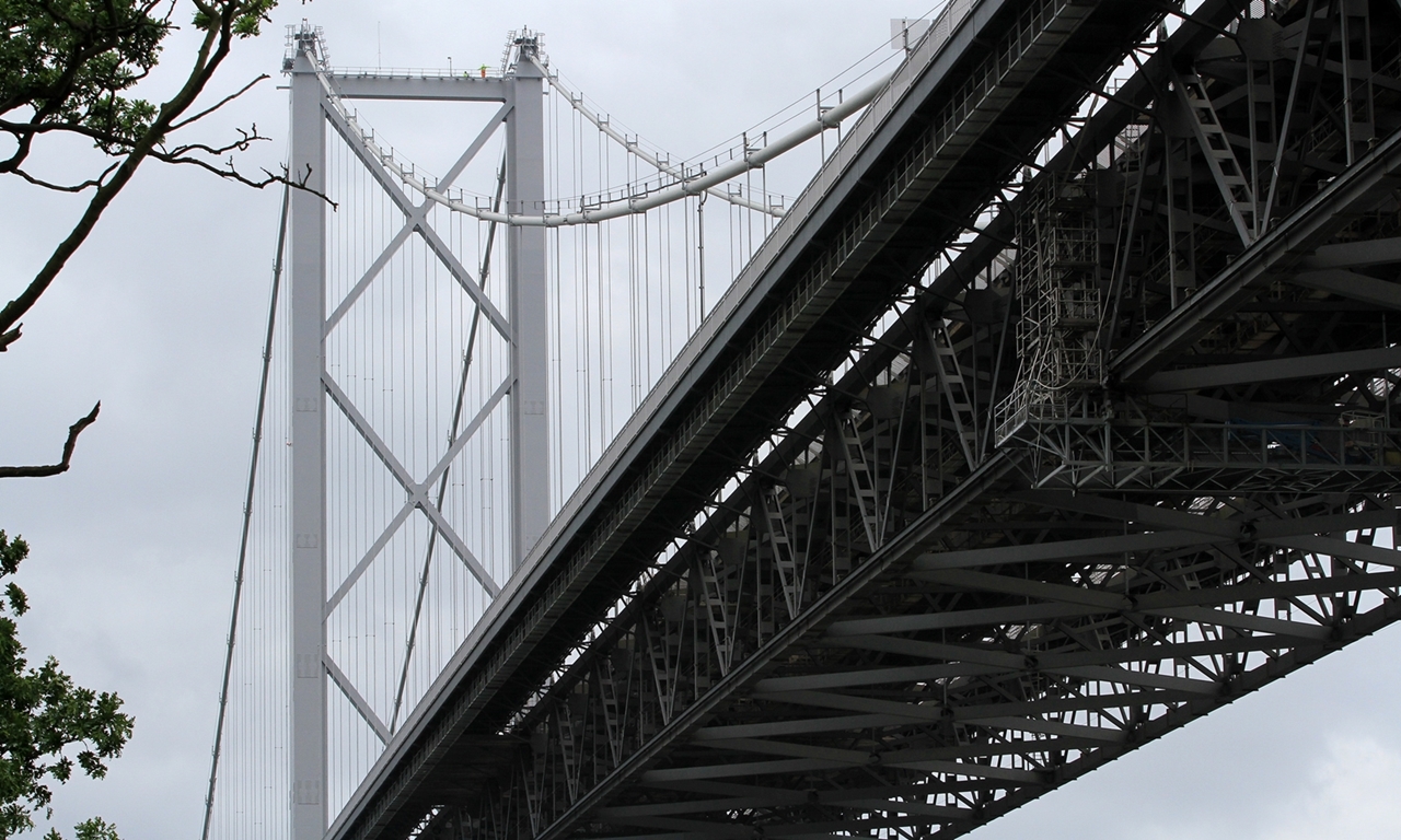 General view of the Forth Road Bridge.   Underneath the Forth Road Bridge.