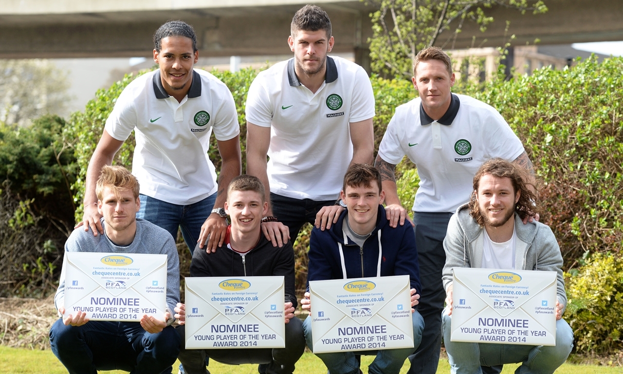 17/04/14
HILTON - GLASGOW
Celtic trio (back from left) Virgil van Dijk, Fraser Forster and Kris Commons are joined by (front from left) Dundee Utd's Stuart Armstrong, Ryan Gauld, Andrew Robertson and St Johnstone ace Stevie May as the SPFL Premiership Player and Young Player of the League nominees are announced