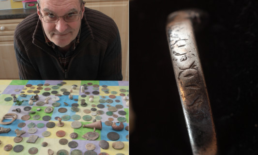 From left; Phil Hannah with some other finds from around Pitcairngreen, including candle snuffers and musket balls. (Right) the ring from around 1300.