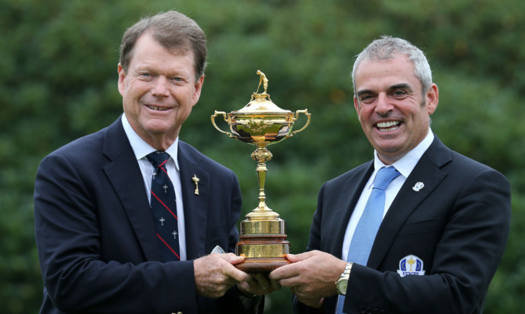 American Ryder Cup captain Tom Watson, left, with European captain Paul McGinley.
