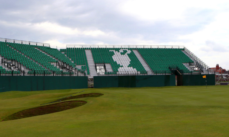 The hi-tech stands take shape at the 18th at Hoylake.