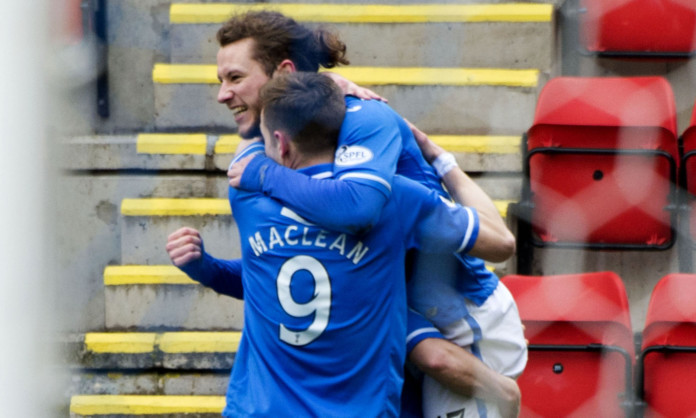 Stevie May celebrates one of his bucketload of goals this season with Steven MacLean.