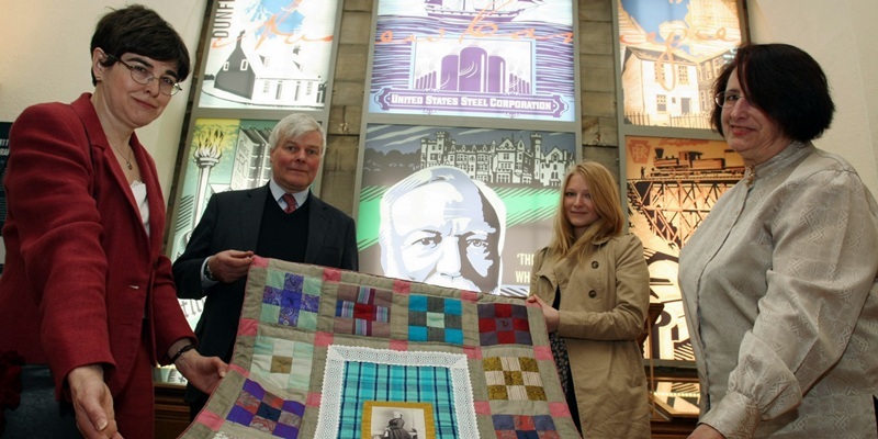DOUGIE NICOLSON, COURIER, 11/04/11,NEWS
DATE - Monday 11th April 2011.
LOCATION - Andrew Carnegie Birthplace Museum, Dunfermline.
EVENT - Launch of the 'Women Of Scotland' quilt exhibition. 
INFO - L/R, Lorraine Sullivan,one of the quilters, William Thomson - Great Grandson of Andrew Carnegie, Alice Thomson - Great Great Grand-Daughter of Andrew Carnegie, and Tina Gravatt,one of the quilters, with a quilt which was made for the exhibition depicting Andrew Carnegies' mother Margaret.
STORY BY - Dunfermline office.
