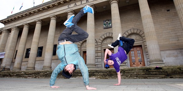 Steve MacDougall, Courier, City Square, Dundee. Street Dancers in Dundee. Pictured, (left) is Oleg Kiricenko (originally from Latvia) and (right) Ryan Tinley. Both perform with Dundee's 'Pro Styles Crew'.