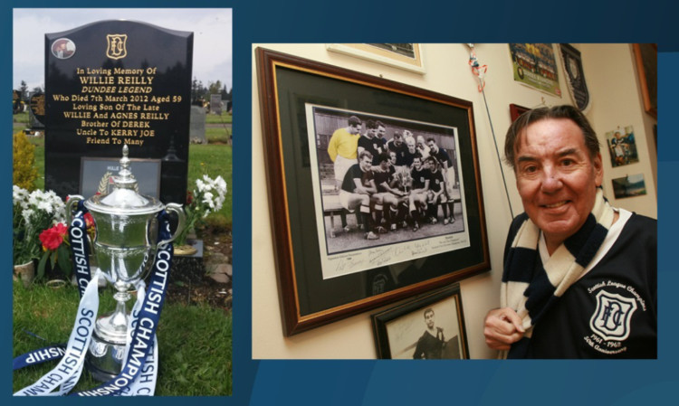 The championship trophy was placed on the grave of former Dundee fan Willie Reilly (right) to remember all the fans who have supported the club through the years.