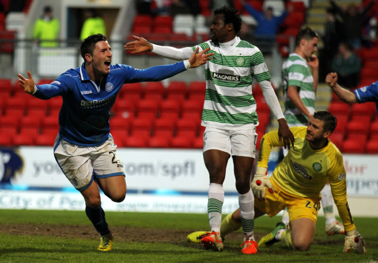St Johnstone's Michael O'Halloran celebrates scoring against Celtic during the Scottish Premiership match at McDiarmid Park, Perth. PRESS ASSOCIATION Photo. Picture date: Wednesday May 7, 2014. See PA story SOCCER St Johnstone. Photo credit should read: Andrew Milligan/PA Wire. EDITORIAL USE ONLY