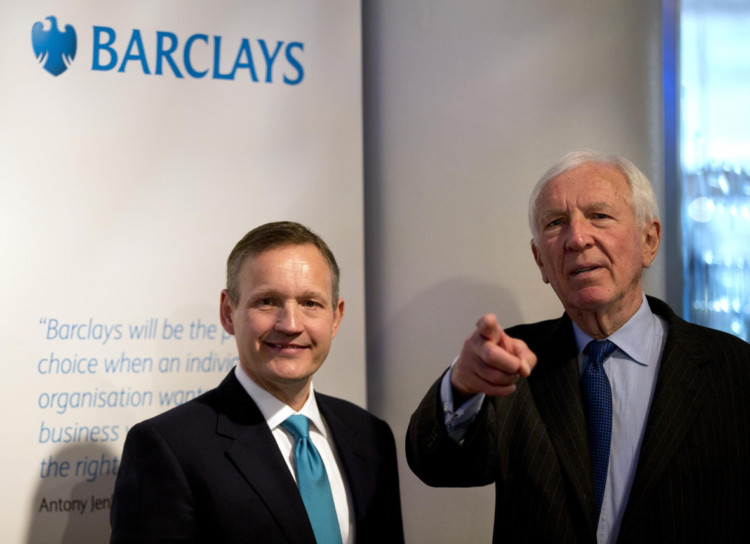Antony Jenkins, left, CEO of Barclays Bank and David Walker, Chairman of the bank pose for photographers in London, Thursday, April 25, 2013, prior to the bank's annual general meeting.