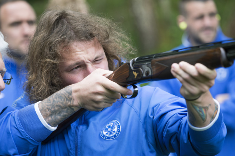 St Johnstone players enjoy a bit of rest and realxation at the Dunkeld Hilton before this weekend's William Hill Scottish Cup Final....12.05.14
Stevie May lines up a shot during clay pigeon shooting
Picture by Graeme Hart.
Copyright Perthshire Picture Agency
Tel: 01738 623350  Mobile: 07990 594431