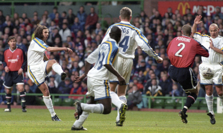 Nick Dasovic drills the ball home to equalise for St Johnstone in the 1998 League Cup final against Rangers at Celtic Park.