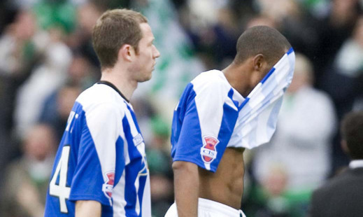 Frazer Wright, left, and Simon Ford troop off the field after Kilmarnocks CIS Insurance Cup defeat to Hibs in 2007.