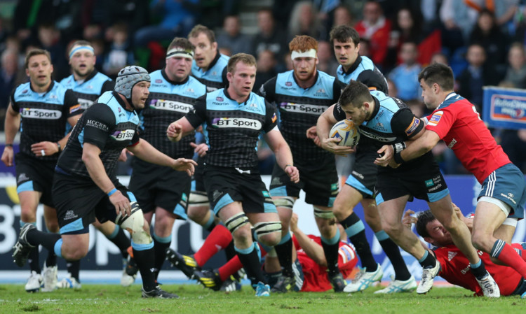 Playing as a team: Glasgow Warriors swarm to support Tommy Seymour in Friday's PRO12 semi-final.