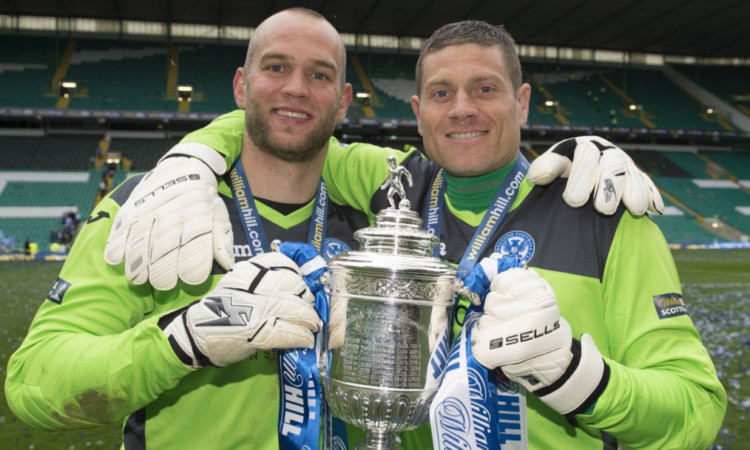 Alan Mannus (left) celebrating with Saints reserve keeper Steve Banks.