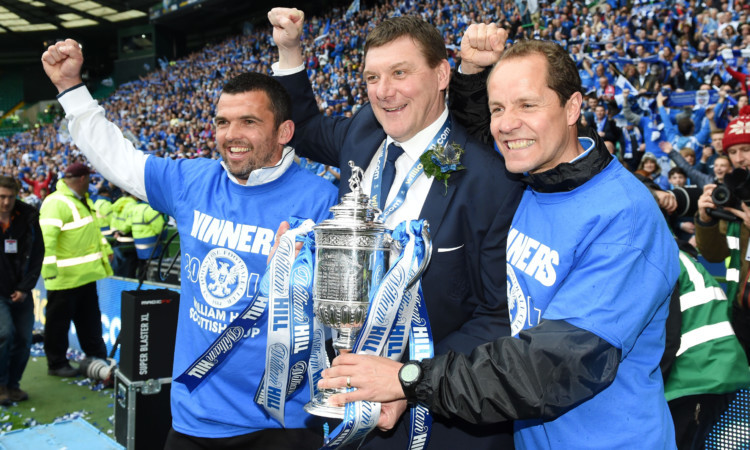 Callum Davidson (left) celebrates with Tommy Wright and Alex Cleland.