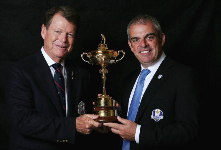 AUCHTERARDER, SCOTLAND - SEPTEMBER 24:  Tom Watson, the American Ryder Cup team captain, (left) and Paul McGinley, the European Ryder Cup team captain, pose with the trophy during a studio shoot prior to the start of The Ryder Cup Captains' Joint Press Conference at Gleneagles on September 24, 2013 in Auchterarder, Scotland.  (Photo by Andrew Redington/Getty Images)